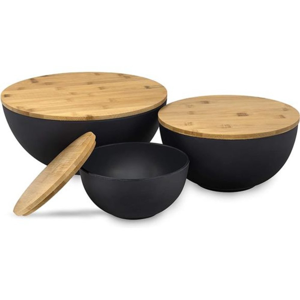 Salad Bowl with Lid - Large Salad Bowl Set of 3 with Wooden Lids, Bamboo Fibre - Picture 2 of 7